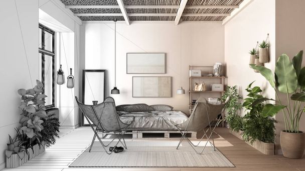 Architect interior designer concept: unfinished project that becomes real, country rustic bedroom, eco design, sustainable parquet, pallet bed, armchairs. Natural recyclable concept - Photo, Image