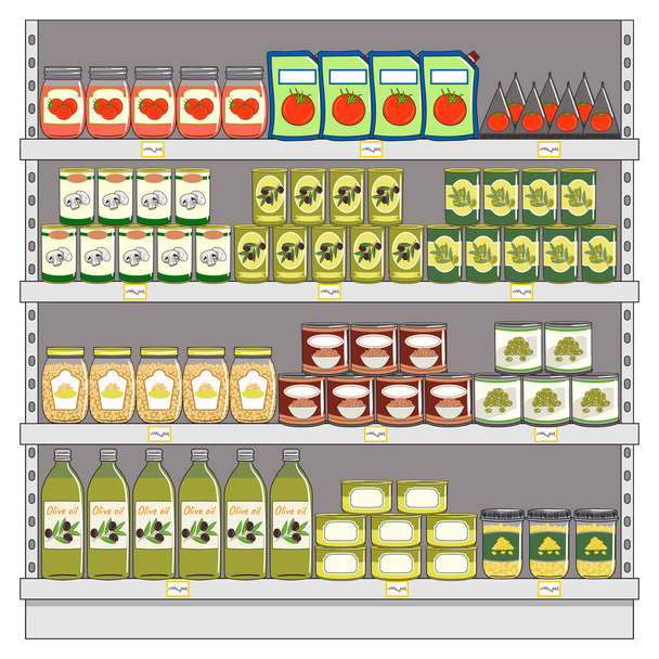 Set di cibo in scatola sugli scaffali del supermercato. Conserve alimentari in lattine, barattoli di vetro, contenitori metallici. Illustrazione vettoriale disegnata a mano. Isolato su sfondo bianco. - Vettoriali, immagini