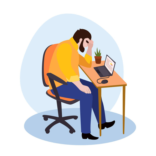 Tired male manager in office sad boring sitting with head down on laptop.. Professional burnout syndrome. Flat cartoon illustration isolated on white. - Вектор, зображення