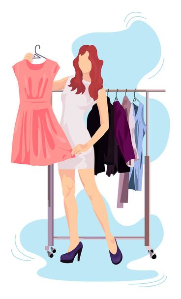 服を着た女の子は、ショッピングコレクションからドレスベクトルイラストでハンガーを保持しています。白に隔離されたフラット漫画イラスト. - ベクター画像