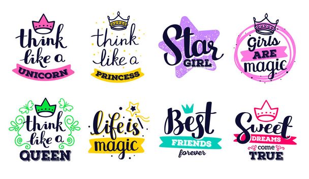 Collection of beautiful vector girly handwritten inscription with color decorative element on white background. Label set with calligraphic text. Hand drawn design for print, t-shirt, sticker, poster, card - Vector, Image
