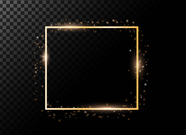 Vector shine template illustration of golden rectangular empty frame on black transparent background with shine dot. Flat style design for a greeting card, wedding invitation, romantic postcard, poster - ベクター画像