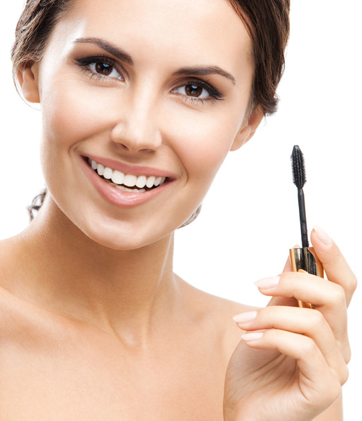 Young woman with cosmetics brush, isolated - Foto, afbeelding