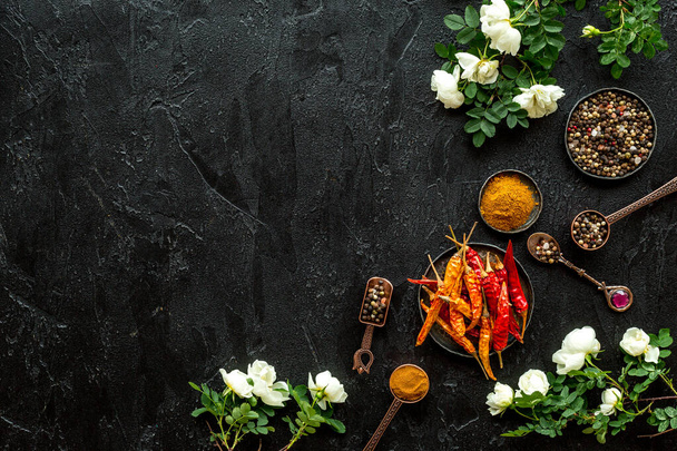 Flat lay of Indian hot spices and herbs, top view - Photo, Image
