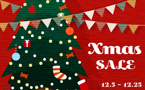 Garland and Christmas tree poster with Christmas sale letters - Vector, Image