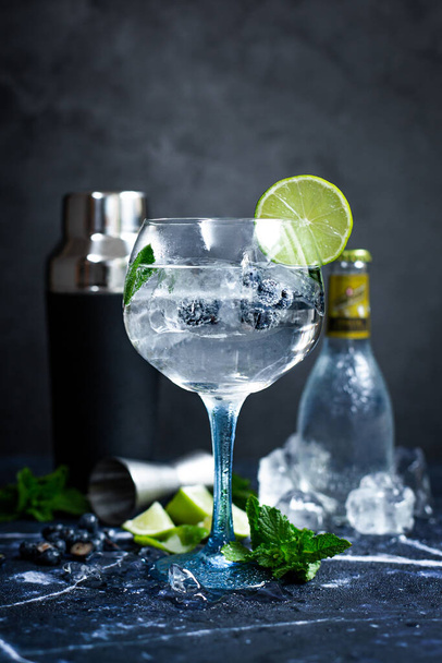 A glass of gin and tonic with mint, lime wedges and ice on a grey background - Valokuva, kuva