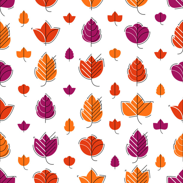 Stylish cartoon autumn leaves seamless vector pattern, endless wallpaper or textile swatch with tree floral, red fall life theme. - Вектор,изображение