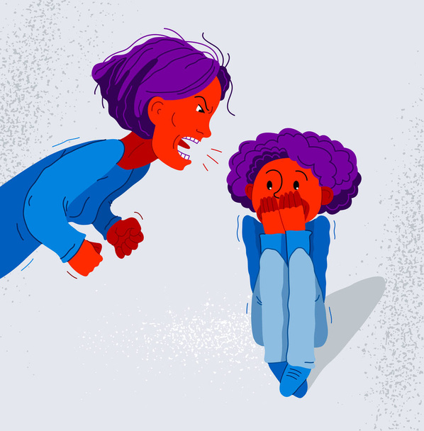 Abusive mother vector illustration, bad mother scream and shout on little frightened kid boy her son, domestic violence, victim child, despotic parent, psychological violence abuse. - Vettoriali, immagini