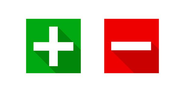 cuadrado menos y más iconos signo gráfico moderno, símbolo negativo y positivo aislado en blanco, ánodo signo de cátodo rojo y verde botones cuadrados - Vector, imagen