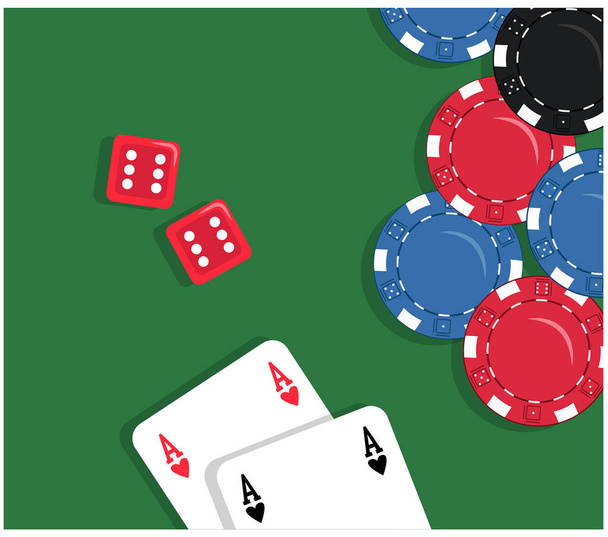 Pelimerkkejä, kortteja ja noppaa vihreällä taustalla. Vektori. Pokeria. Punaisia kuutioita. sipsit - Vektori, kuva