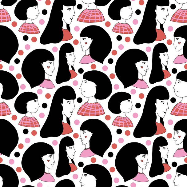 Sisterhood seamless pattern with funny girls. Womans day background. Women with black hair in pink clothes - Διάνυσμα, εικόνα