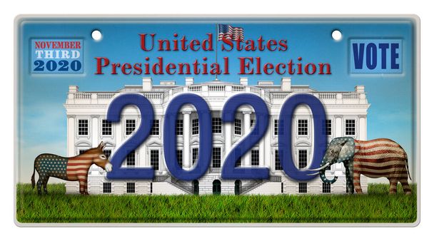 Una targa che mostra l'anno delle elezioni presidenziali 2020, la Casa Bianca, un elefante e un asino. Include un percorso di ritaglio. Illustrazione 3D  - Foto, immagini