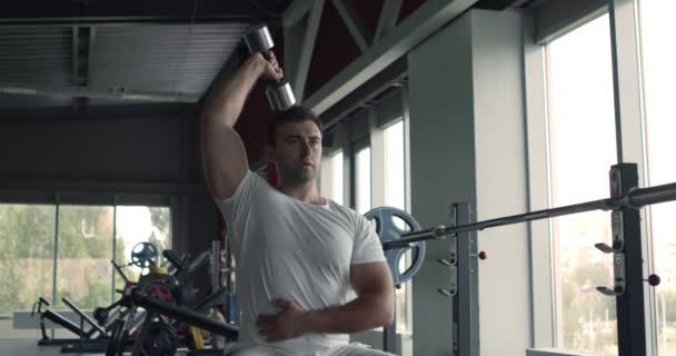 Концентрированная тренировка мускулистых спортсменов в тренажерном зале, упражнения с гантелями - Кадры, видео