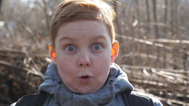Πορτρέτο του παιδιού τζίντζερ με φακίδες που δείχνει έκπληξη και έκπληξη σε εξωτερικούς χώρους. Ένα μικρό κοκκινομάλλικο αγόρι που κοιτά στην κάμερα με φοβερή έκφραση. Κοντινό σοκαρισμένο αντρικό πρόσωπο μικρού παιδιού. Αργή κίνηση. - Φωτογραφία, εικόνα
