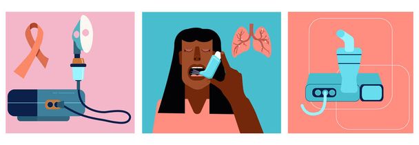 World COPD tietoisuus kuukausi kuvituksia asetettu.Krooninen obstruktiivinen keuhkosairaus käsite. Kansainvälinen keuhkokuume day.Astmatic tyttö hengittää inhalaattorilla.Eri sumutinlaitteet kaikille ikäisille.Vector - Vektori, kuva