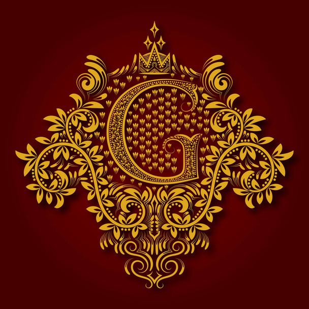 Brief G heraldiek monogram in wapenschilden. Vintage gouden logo met schaduw op kastanjebruine achtergrond. Letter G is omgeven door bloemen elementen van design. - Vector, afbeelding