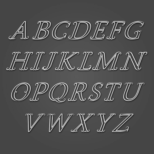 Witte omtrek vintage cursief type letters met schaduw. Letters van lijnen met bloeit. Krullend curly curly lettertype in koninklijke stijl. - Vector, afbeelding
