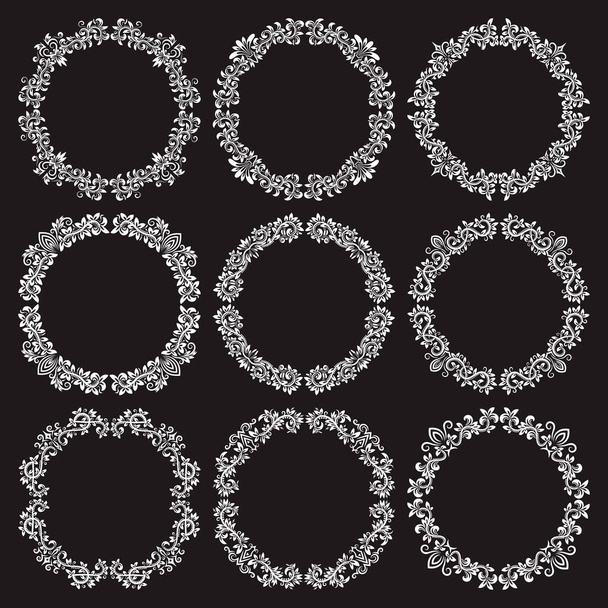 Floral patterned round frames set for design in victorian vintage style. White circular wreaths on black background. - Vector, Image