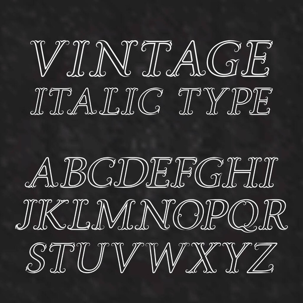 Vintage betűk virágzással. Szüreti olasz betűtípus barokk stílusban. Régi latin ábécé. Fehér vázlat olasz típusú nagybetűk fekete texturált háttér. - Vektor, kép