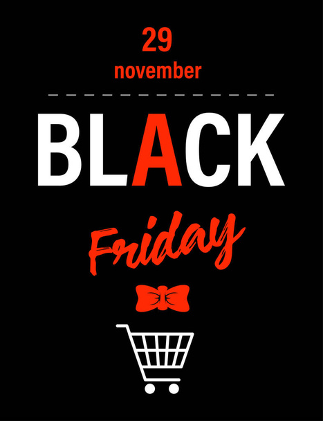 Promotional banner for black friday, calligraphy text, decorative ribbon bow and shopping trolley. Proposal from shops, marketing and commerce in autumn. Purchasing on sale. Vector in flat style - Vektör, Görsel