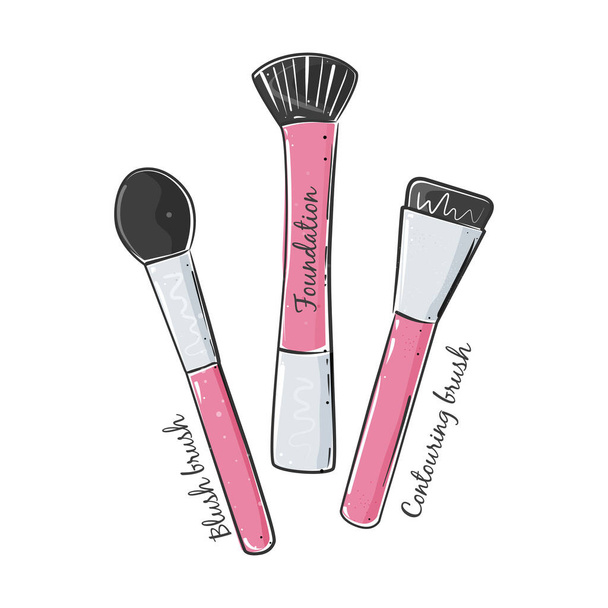 Make up brushes set in pink color, handdrawn style. Vector illustration isolated on white background. - Vector, Image