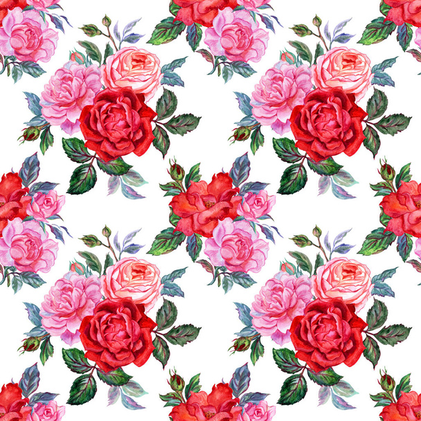 Rose bouquets seamless pattern, watercolor illustration on white background, isolated, print for textiles, home furnishings and other designs. - Photo, image