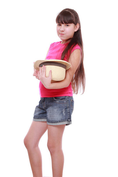 Girl with straw hat - Фото, изображение