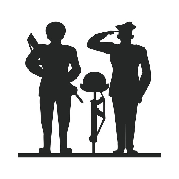 Gruppe von Offizieren Soldaten salutieren Silhouette - Vektor, Bild