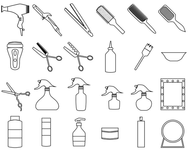 Hair care big set with different components like a dryer, straightener, curling iron, scissers, spray, shampoo, mirror and others. Hairdresser tool outline isoleted icons - Vecteur, image