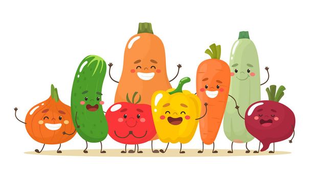 Счастливые и милые овощи вместе. Векторные персонажи в плоском стиле мультфильмов. - Вектор,изображение