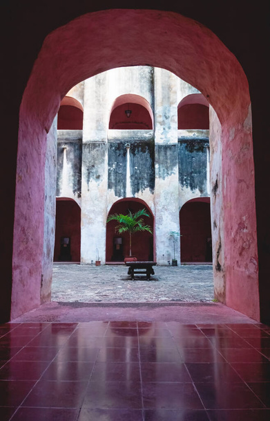 Patio z drewnianym siedzeniem i palmą w dawnym klasztorze w San Bernardino de Siena w Valladolid, Jukatan, Meksyk - Zdjęcie, obraz