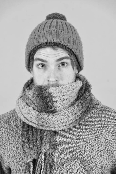 feeling sick and cold. he caught a cold. male knitwear fashion. men knitted accessory. poor homeless man. frozen man feeling cold in winter. no flu. winter weather forecast. guy wear warm clothes - Foto, Bild