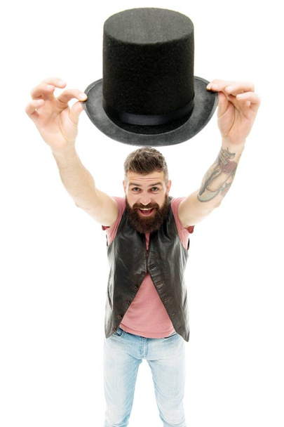 Magician trick performance concept. Circus magic trick performance. Funny entertainment. Street performance. Magician circus worker. Hocus pocus. Man bearded guy magician. Magician character - Photo, image