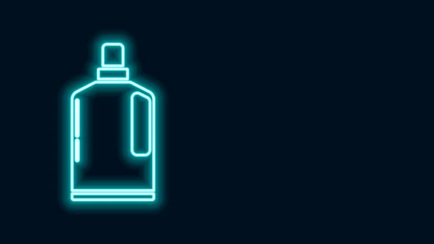 Leuchtende neonfarbene Plastikflasche für flüssiges Waschmittel, Bleichmittel, Spülmittel oder ein anderes Reinigungsmittel, isoliert auf schwarzem Hintergrund. 4K Video Motion Grafik Animation - Filmmaterial, Video