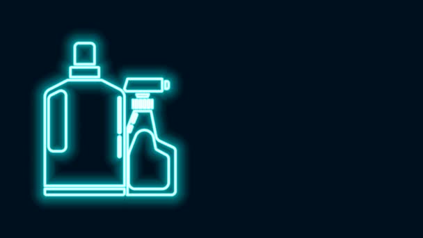 Glowing neon line Plastic bottles for liquid laundry detergent, bleach, dishwashing liquid or another cleaning agent icon isolated on black background. 4K Video motion graphic animation - Footage, Video