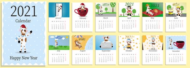 2021 kalendář design s býkem s koníčky v různých ročních obdobích. Kalendář design koncept s karikaturou, roztomilý býk nebo kráva, symbol nového roku. Sada 12 měsíců 2021 stran. Vektorová ilustrace. - Vektor, obrázek