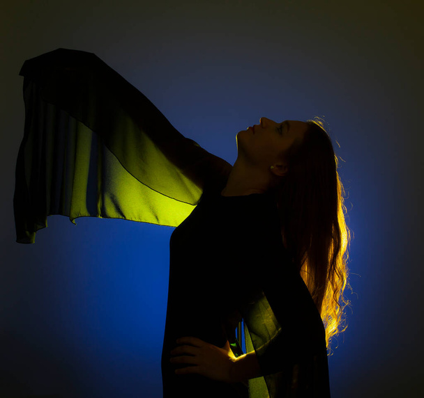 Retrato contra la luz dorada de una joven bella posando sobre fondo azul - Foto, Imagen