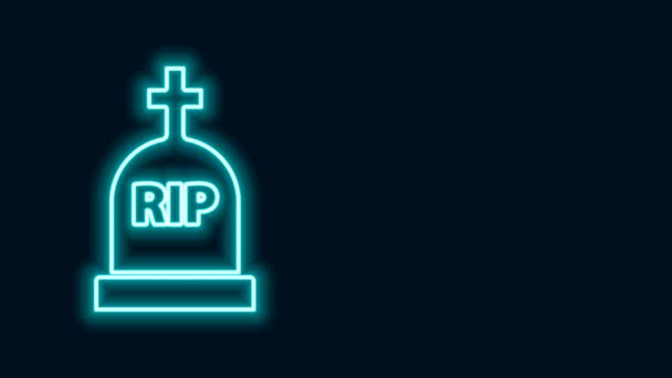 Brillante lápida de línea de neón con RIP escrito en él icono aislado sobre fondo negro. Icono de tumba. Animación gráfica de vídeo 4K - Metraje, vídeo