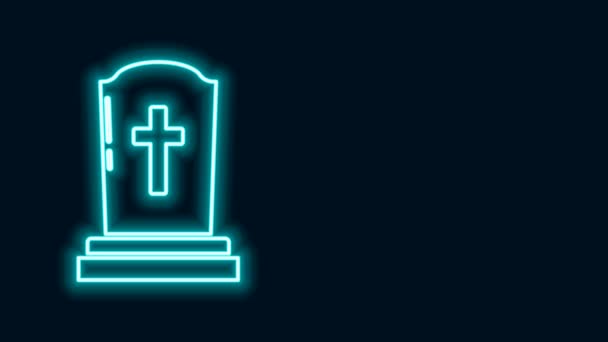 Brillante lápida de línea de neón con icono de cruz aislado sobre fondo negro. Icono de tumba. Animación gráfica de vídeo 4K - Metraje, vídeo