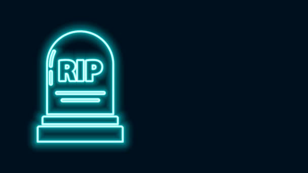 Gloeiende neon lijn Tombstone met RIP geschreven op het pictogram geïsoleerd op zwarte achtergrond. Graficoon. 4K Video motion grafische animatie - Video