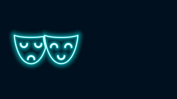 Leuchtende Leuchtlinien Comedy und Tragödie theatralische Masken Ikone isoliert auf schwarzem Hintergrund. 4K Video Motion Grafik Animation - Filmmaterial, Video