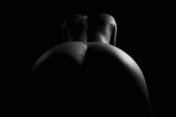 butt woman. Female naked body. Sexy buttocks. Sensual erotic stripper girl with big ass. Black and white. - Foto, afbeelding