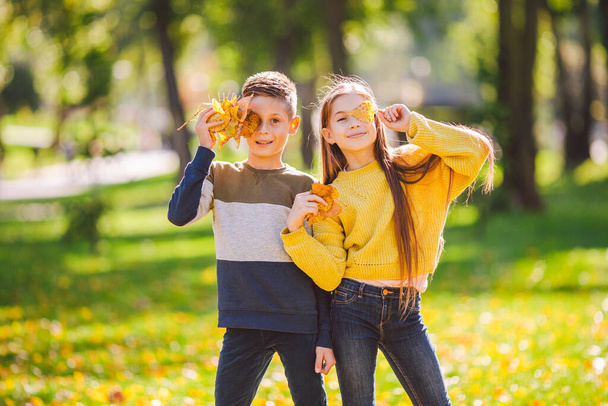 Testvérek közötti barátság. Testvérek együtt kint, világos színű háttérrel. Gyerekek őszi portré. Testvérek játszanak az őszi parkban levelek. Családi aktív őszi hétvége koncepció. - Fotó, kép