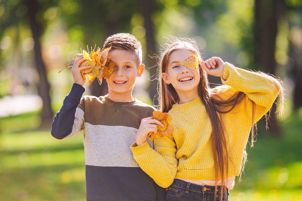 Счастливые близнецы, мальчик и девочка, обнимают друг друга в осеннем парке, держа в руках опавшие жёлтые листья в солнечную погоду. Тема осеннего сезона. Брат и сестра веселятся, играя с листьями. - Фото, изображение