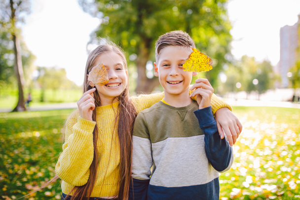Testvérek közötti barátság. Testvérek együtt kint, világos színű háttérrel. Gyerekek őszi portré. Testvérek játszanak az őszi parkban levelek. Családi aktív őszi hétvége koncepció. - Fotó, kép