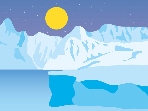 rajzfilm természet tél sarkvidéki éjszakai táj jéghegyek - Vektor, kép