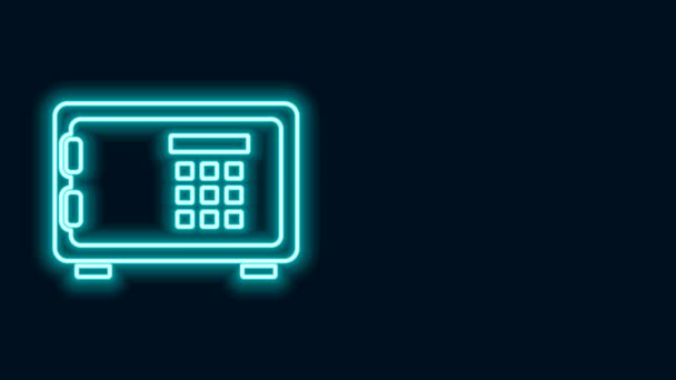 Świecąca neonowa linia Bezpieczna ikona odizolowana na czarnym tle. Drzwi zabezpieczają skarbiec bankowy z zamkiem szyfrowym. Niezawodna ochrona danych. 4K Animacja graficzna ruchu wideo - Materiał filmowy, wideo