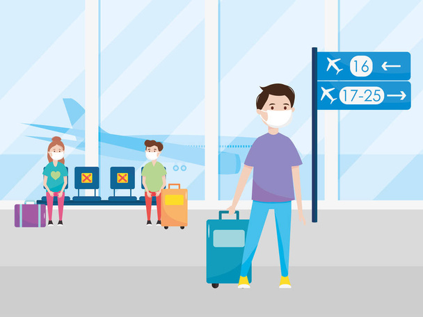αεροδρόμιο νέο φυσιολογικό, τα άτομα με μάσκες και βαλίτσα αναμονή πτήσης, κρατήστε την κοινωνική απόσταση - Διάνυσμα, εικόνα
