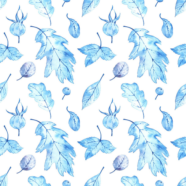 Pattern with watercolor winter leaves. Frozen autumn. On a white background - Photo, image