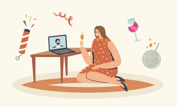 Online Party, Młoda kobieta Character Holding Glass z szampanem świętować wakacje i komunikowania się z przyjacielem - Wektor, obraz